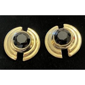 Robin Kahn Gold Tone Black Cabochon VTG Estate Jewelry Clip Earrings MCM